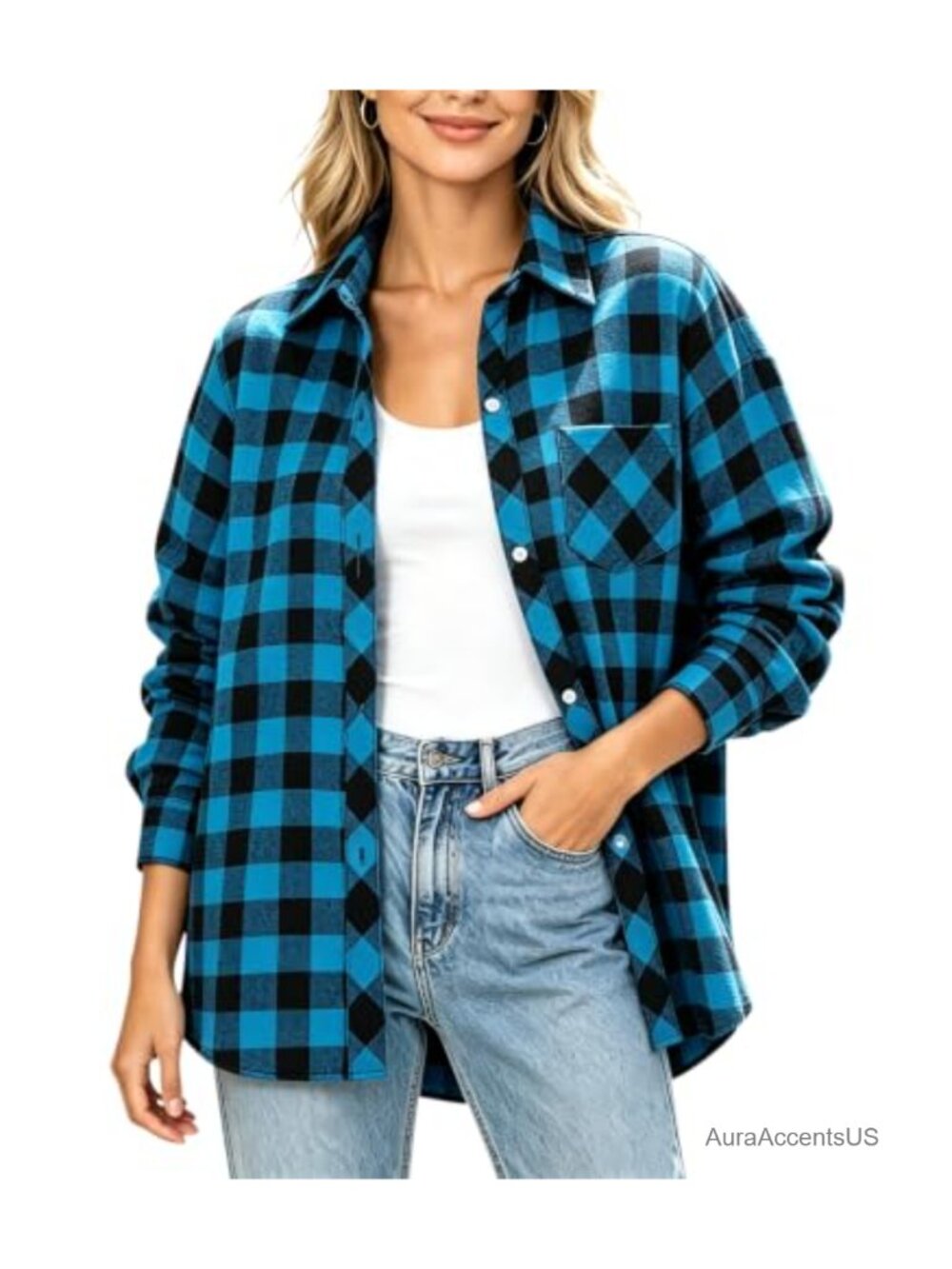 Women's Plaid Flannel Button Down Shirt Long Sleeve Casual Cotton